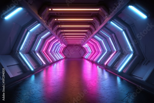 Futuristic Sci-Fi Corridor with Neon Lights and Reflections.