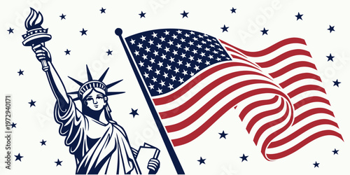 Illustration of the statue of liberty holding an american flag with stars in the background, symbolizing american freedom and patriotism