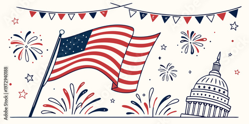 American flag waving with fireworks and us capitol building on 4th of july celebration with bunting flags and stars