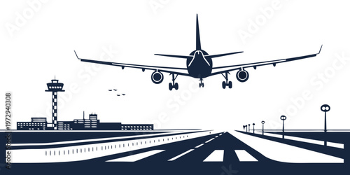 Airplane landing on airport runway with control tower in the background