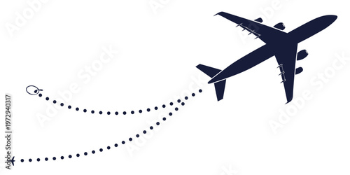 Dark blue airplane flying through the air leaving a trail of dots behind it