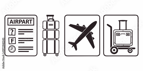 Black and white airport icons including travel documents, luggage, airplane and travel cart