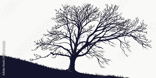 A black silhouette of a bare tree on a grassy hill