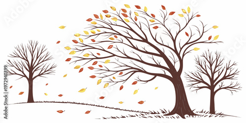 Autumn scene with trees and colorful leaves falling