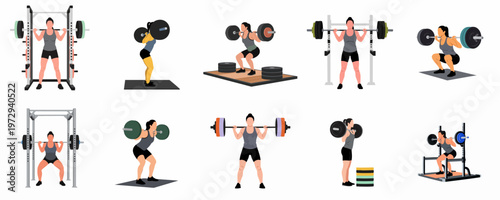 Flat vector illustrations of a woman performing barbell squats in various gym settings and poses, emphasizing fitness, strength training, and powerlifting.