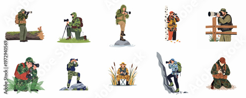 Collection of professional wildlife photographers and observers in various camouflage outfits and outdoor environments, captured in a flat vector illustration style.