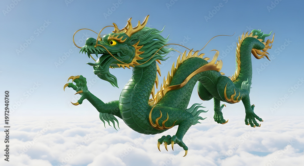 Fototapeta premium Imperial Green Jade and Gold Chinese Dragon Flying in a Clear Blue Sky