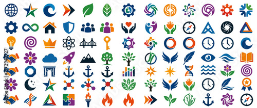 A collection of colorful icons and symbols.