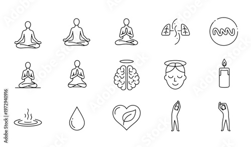 Black and white mindfulness meditation icon set with yoga breathing and calm lifestyle symbols outline illustration