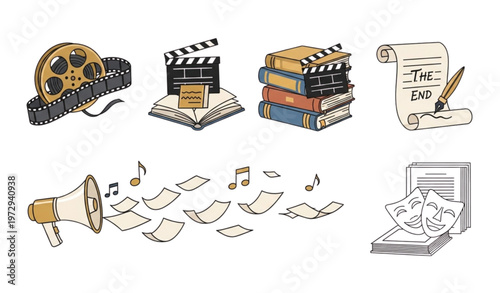 Black and white cinema literature icon set with film book and storytelling symbols outline illustration