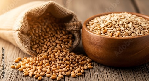 Raw Wheat Grains in Burlap Sack and Wooden Bowl on Rustic Table