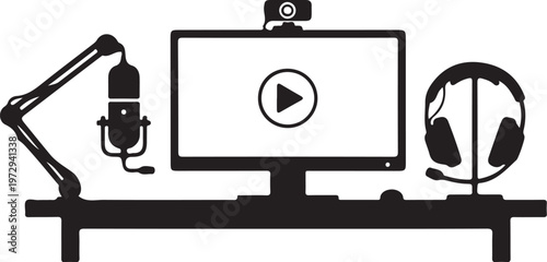 Black and white silhouette of podcasting equipment on a desk