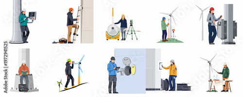 Flat vector illustration set of diverse engineers and technicians working on wind energy projects, maintenance, and site surveys in a clean energy concept.