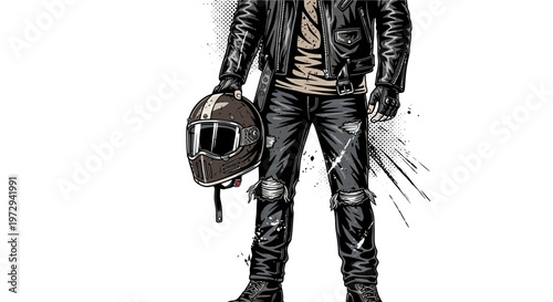 Biker holding helmet, leather jacket, ripped jeans, grunge style