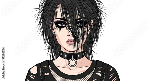 Goth Woman Portrait, Dark Makeup, Spiky Hair, Fishnet Top, Studded Collar