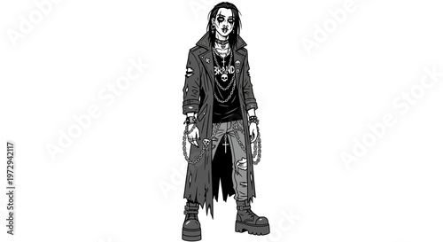 Goth Woman Standing, Dark Fashion, Punk Style, Black and White Illustration