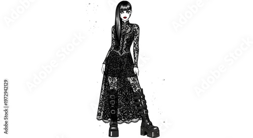 Gothic Fashion Model in Lace Dress and Platform Boots