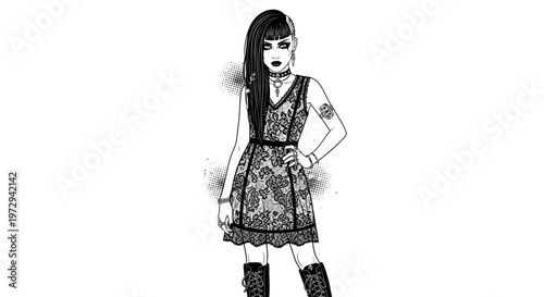 Gothic fashion model in lace dress and boots, black and white illustration