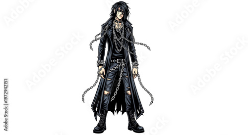 Gothic Man in Black Coat and Chains, Dark Anime Style