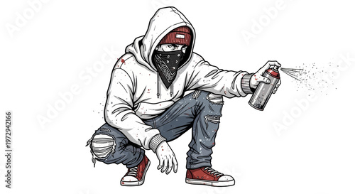 Graffiti artist spraying paint from can, crouching, wearing hoodie and bandana