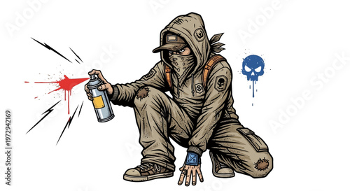 Graffiti artist spraying red paint, wearing hood and mask, skull stencil in background