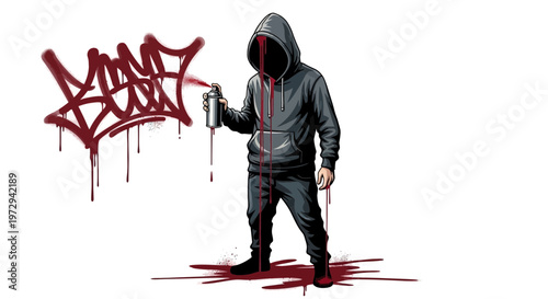 Hooded figure spraying graffiti in red paint, isolated on white background