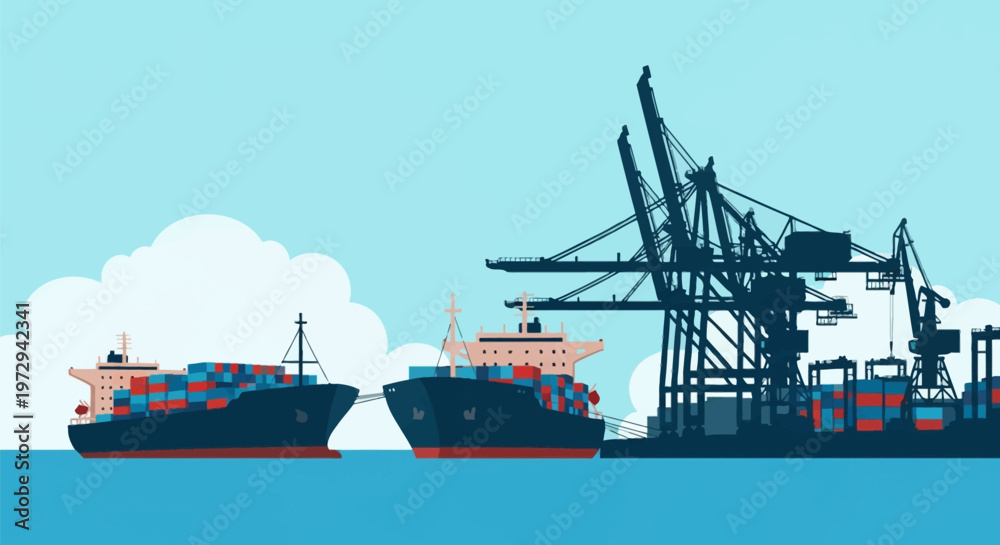 Fototapeta premium Stylized vector illustration of a commercial maritime port featuring two container ships loaded with colorful cargo vessels moored near silhouetted industrial gantry cranes under a clear sky.