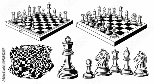 Black and white vector illustration set featuring isometric chess boards with pieces, a large king, individual chess figures, and a distorted checkerboard pattern on white.
