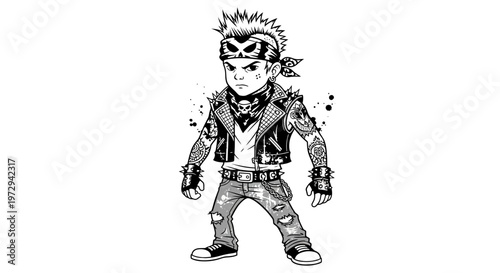 Punk Rock Kid Character, Black and White Illustration