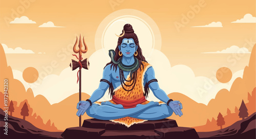 Illustration of Hindu god Lord Shiva meditating in padmasana pose with blue skin, third eye, and crescent moon, holding a trishula trident against a mountain landscape at sunset.