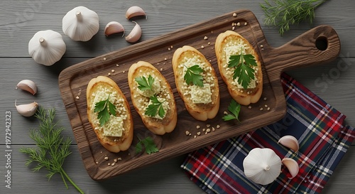 Toasted Bread Slices with Garlic and Herbs on a Wooden Board