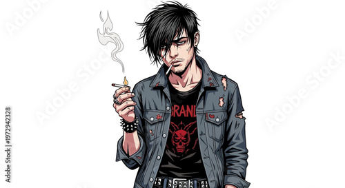 Punk Rock Man Smoking Cigarette, Denim Jacket, Skull T-Shirt, Edgy Style