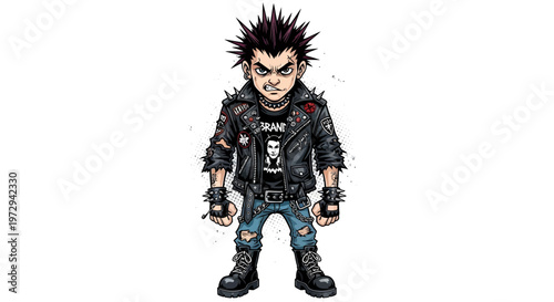 Punk Rock Kid Character with Spiky Hair and Leather Jacket