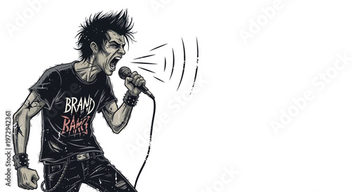 Punk rock singer screaming into microphone, energetic performance, rebellious spirit