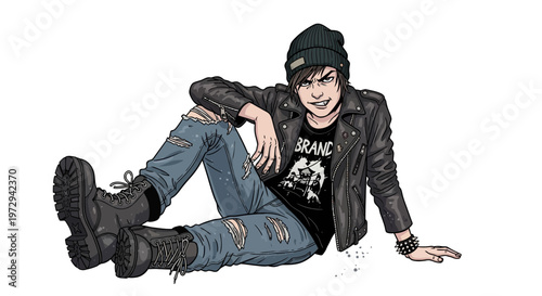 Punk Rock Teenager Sitting with Ripped Jeans and Leather Jacket