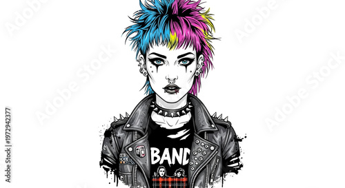 Punk Rock Woman with Colorful Mohawk and Leather Jacket