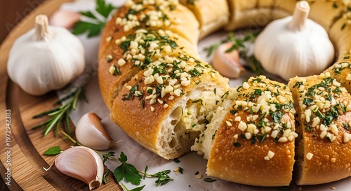 Fresh Baked Garlic Herb Bread Wreath on Wooden Board