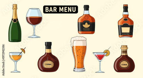 Bar menu illustration featuring a collection of alcoholic drinks including cognac bottles, champagne, a tall beer glass with foam, cocktails, and wine glasses on a plain background.