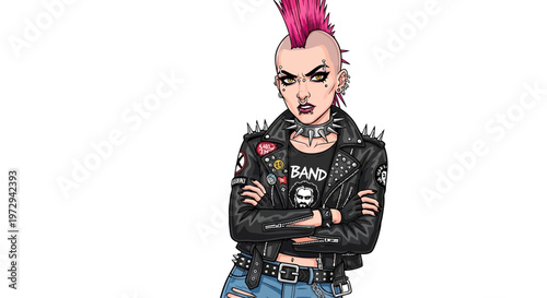 Punk rock woman with pink mohawk and leather jacket, arms crossed, defiant expression
