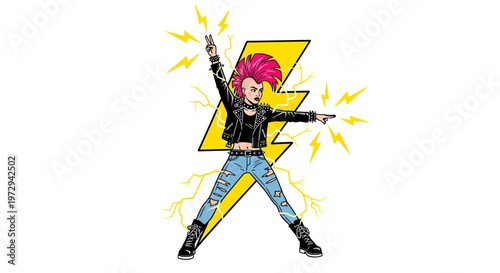 Punk Woman with Pink Mohawk and Ripped Jeans, Lightning Bolt Symbol