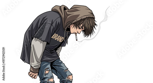 Sad anime boy smoking cigarette, wearing hoodie and ripped jeans, isolated on white background.