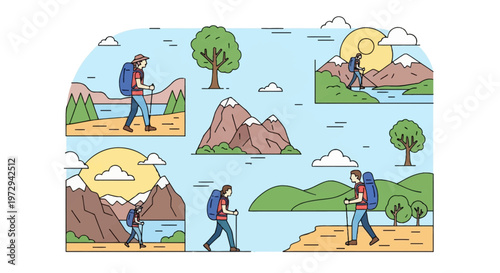Flat line art vector illustration showing various hikers with backpacks and poles trekking through mountains, lakes, and forests under a sunny sky with clouds and trees.