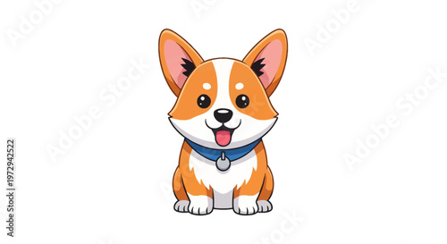 Cartoon Pembroke Welsh Corgi dog illustration sitting in a front view, wearing a blue collar with a tag, isolated on a white background, featuring large ears and happy face.