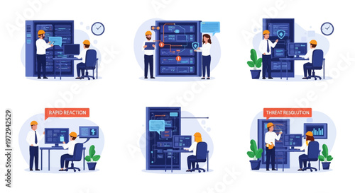 Set of six vector illustrations featuring IT specialists and engineers working in a data center, managing server racks, monitoring networks, and performing cybersecurity incident response tasks.