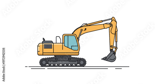 Modern yellow hydraulic excavator vector illustration in a clean line art style, featuring the crawler tracks, operator cab, boom, and bucket, isolated on a white background.