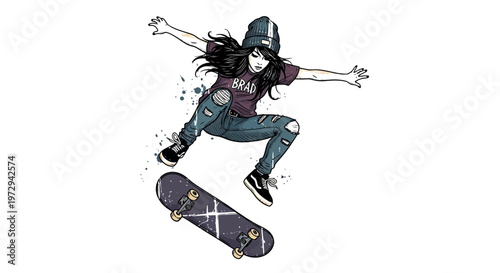 Skater girl performing trick on skateboard, dynamic action shot