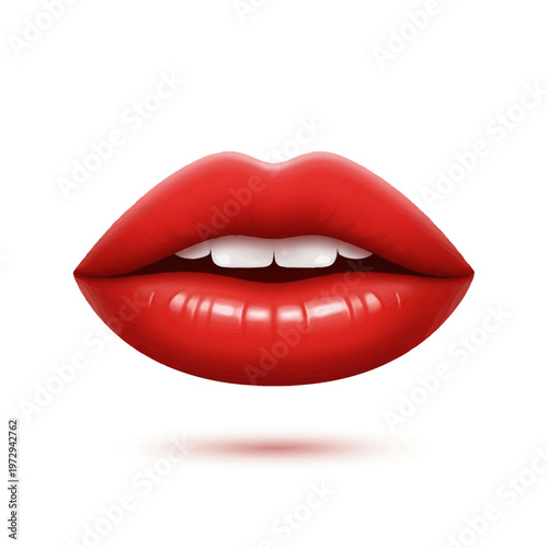 Realistic 3D illustration of plump female lips with vibrant red glossy lipstick and white teeth slightly visible, isolated on a white background with a soft drop shadow.