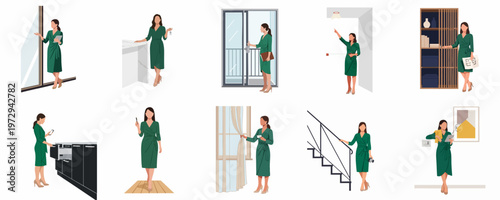 Set of flat vector illustrations featuring a female real estate agent or interior designer showing properties, using tools, and managing smart home features.