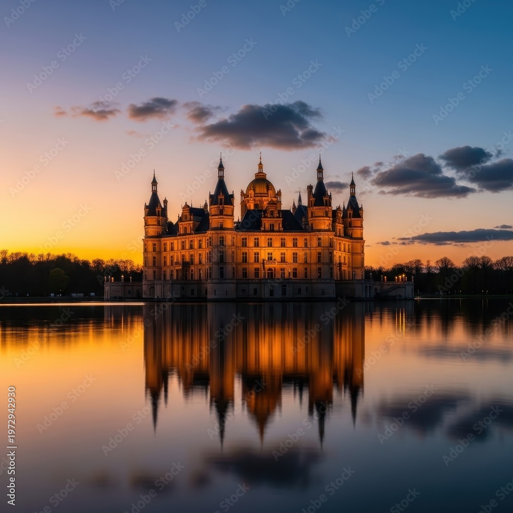 Fototapeta premium Majestic Castle Illuminated at Sunset Reflecting on Calm Waters.