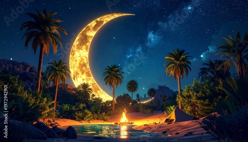 Glowing crescent moon rising over tropical oasis with palm trees and campfire under starry night sky